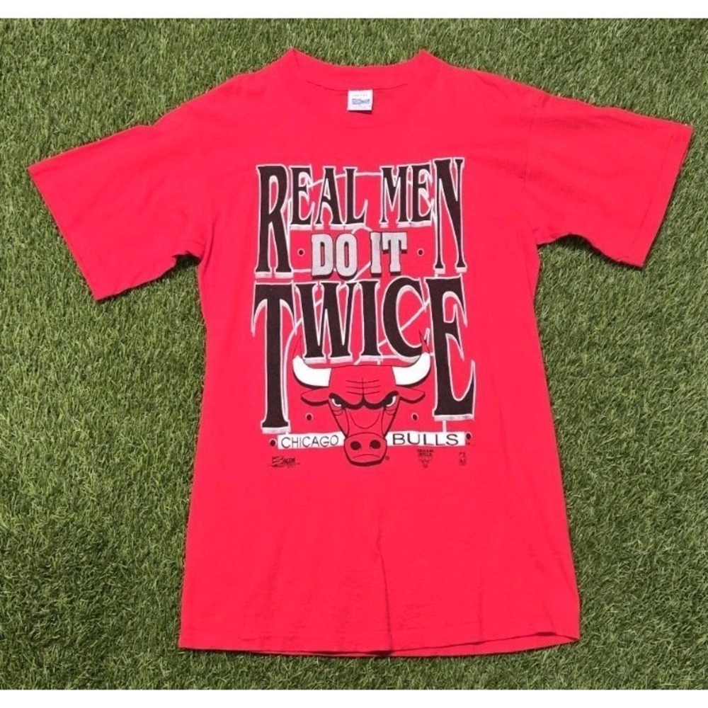 Vintage‎ 90s Chicago Bulls Salem T-Shirt Real Men Do It Twice 1992 NBA L Single